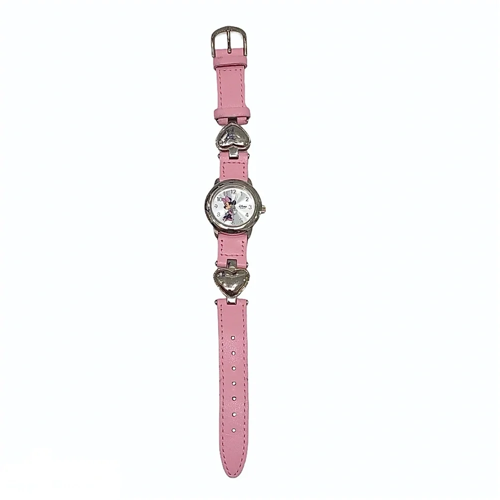 DISNEY MINNIE MOUSE WATCH WITH PINK LEATHER & SILVER METAL HEARTS BAND